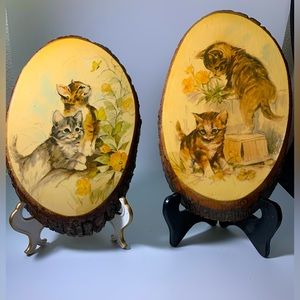 Kitties Two Plaques Wood Slices Vintage Tabbies Stripes Flowers Wall Hangings